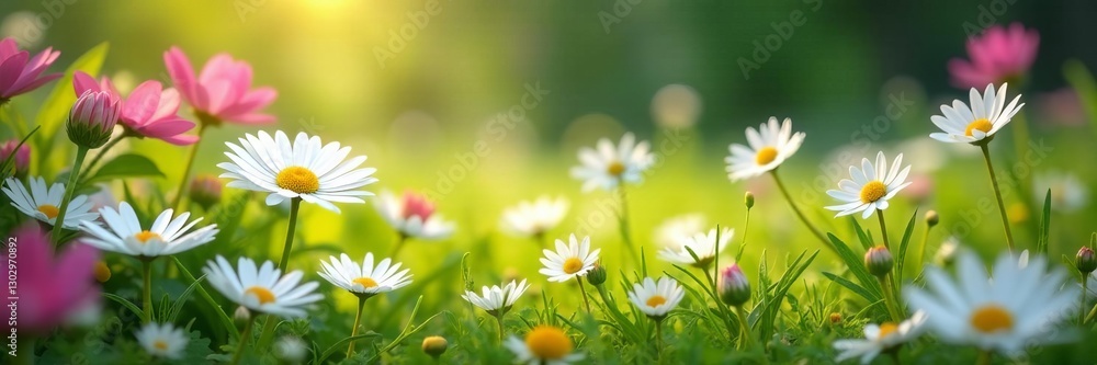 Obraz premium Serene meadow of daisies surrounded by vibrant blossoming foliage, sunny, peaceful