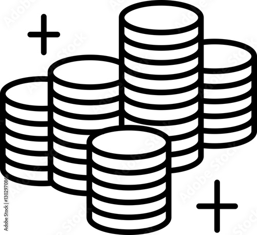 Stacked coins illustration with plus signs. line icon