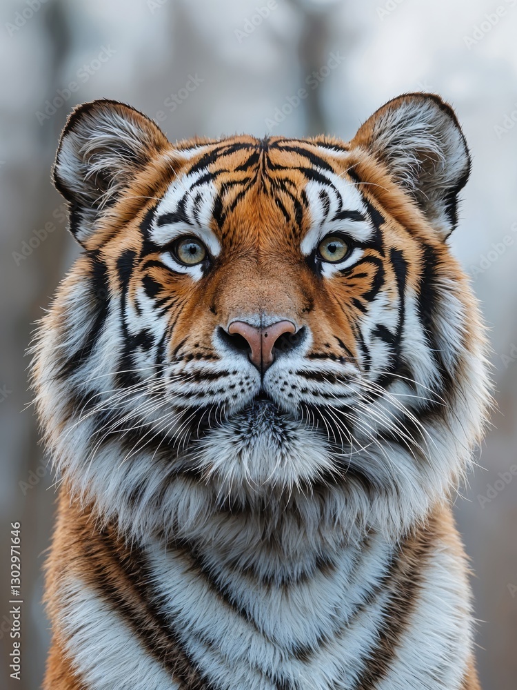 Fototapeta premium A powerful tiger stands confidently, its piercing eyes reflecting wisdom and strength, surrounded by a quiet forest background illuminated by soft morning light