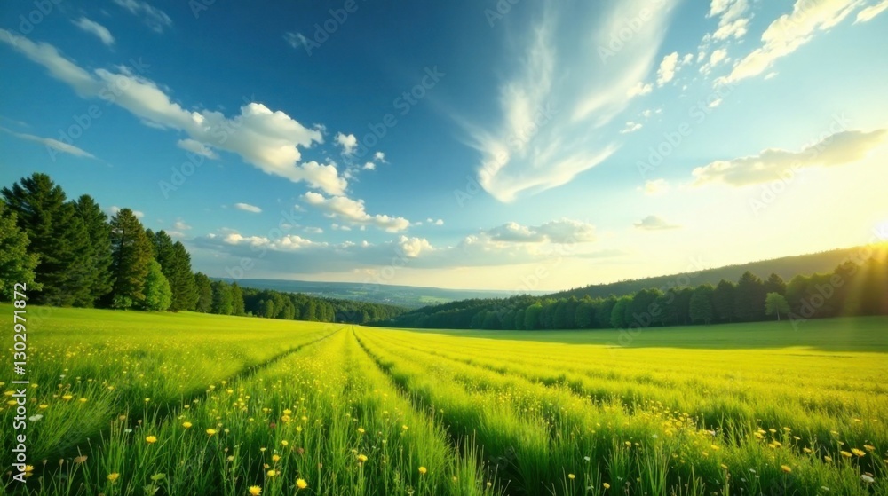 Fototapeta premium Serene Meadow Landscape Sunlit Grassland with Yellow Wildflowers and a Distant Wooded Horizon Under a Blue Sky with Puffy Clouds