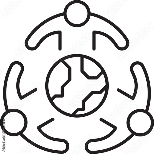 Collaborative teamwork around a globe line icon