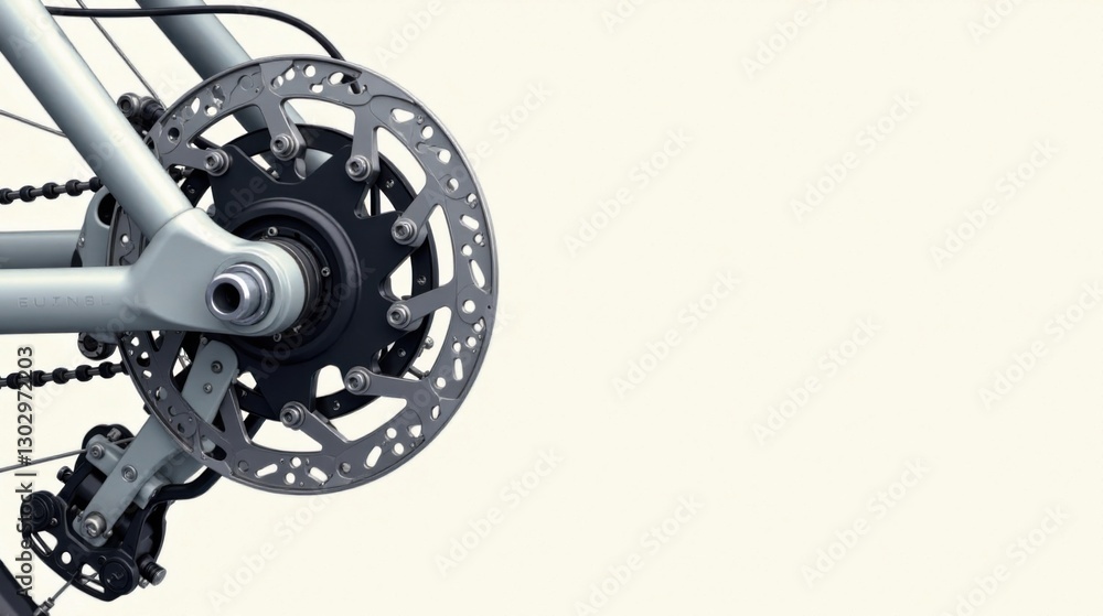 Close-up of a bicycle's rear wheel hub, showcasing intricate details of the disc brake system and chain mechanism Close-up of a bicycle's rear wheel hub, showcasing intricate details of the disc brake system and chain mechanism