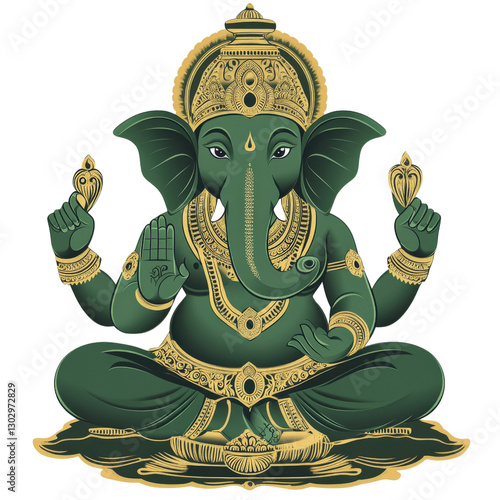 Lord Ganesha in Emerald Green: A vibrant depiction of Lord Ganesha, the remover of obstacles, adorned in emerald green and gold.