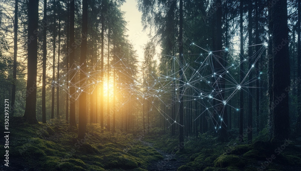 Obraz premium Sunset in a forest with a network overlay.