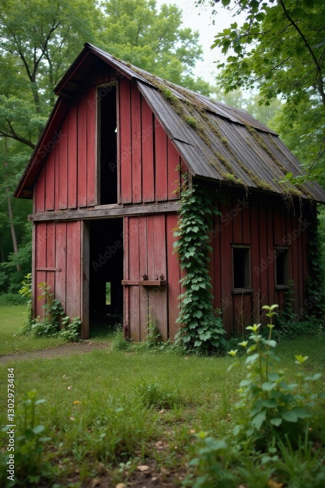 Rustic Red Barn in a Verdant Forest Setting, Showing the Passage of Time and Nature's Reclaiming Power Rustic Red Barn in a Verdant Forest Setting, Showing the Passage of Time and Nature's Reclaiming Power