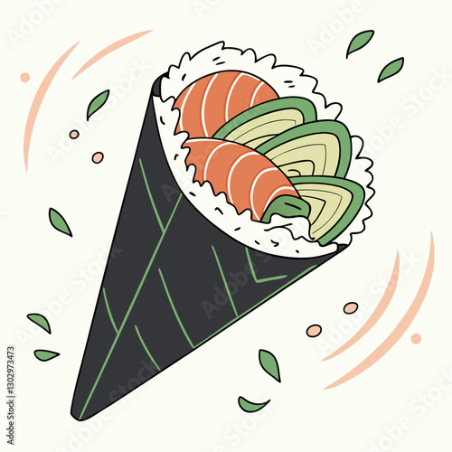Temaki Delight: A meticulously crafted temaki sushi cone, showcasing the artistry of Japanese cuisine, features fresh salmon, avocado slices, and nori seaweed.
