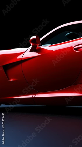 Sleek red sports car with curved lines and silver rims in dramatic lighting