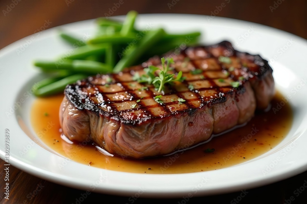 Juicy ribeye steak cooked to perfection on a white plate, juicy, food Juicy ribeye steak cooked to perfection on a white plate, juicy, food