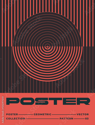 Bauhaus geometric poster. Abstract futuristic cover with round and semicircle red shape and lines. Aesthetics of neo modernism and brutalism. Retro design. Flat vector illustration in Swiss style