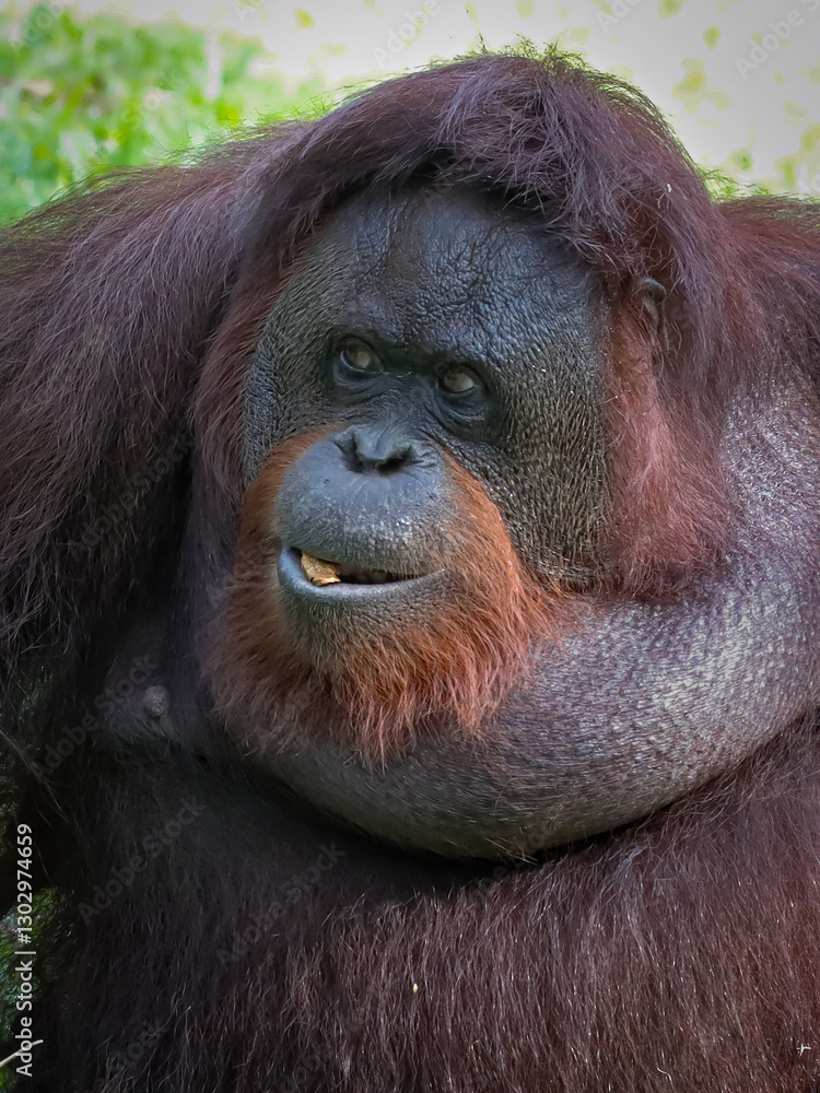 Fototapeta premium A close-up portrait of an bornean orangutan, showcasing its expressive face and reddish-brown fur, 02 march 2025 Indonesia