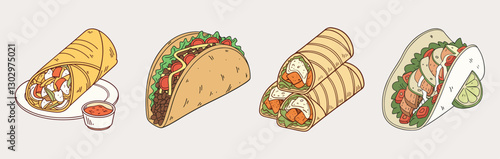 Delightful Mexican Feast: A vibrant array of Mexican food, featuring a tempting assortment of tacos and burritos, each offering a unique culinary experience. A celebration of flavor and texture.