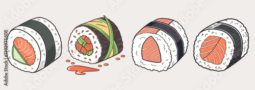 Sushi Variety: A tempting display of fresh, artistically crafted sushi rolls. Each piece a miniature masterpiece of Japanese cuisine, showcasing diverse fillings.