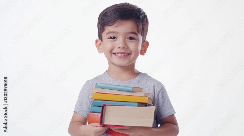 Cute little boy standing and holding a pile of books. he has joyful expression and smile, isolated on white background Cute little boy standing and holding a pile of books. he has joyful expression and smile, isolated on white background