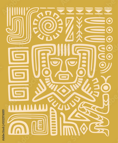 Ethnic poster. Abstract tribal cover in Navajo style with ancient Aztec drawings and ornaments. Pattern with geometric shapes. Design element for wall decoration. Hand drawn flat vector illustration