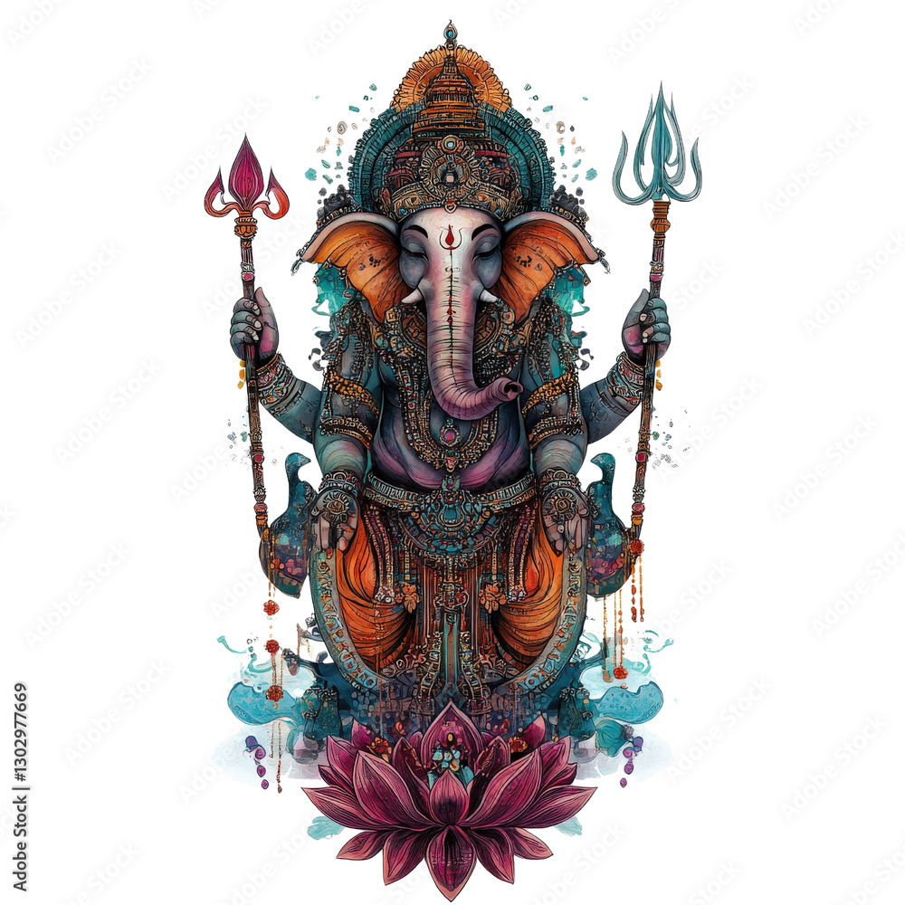 Fototapeta premium Divine Ganesha: An intricately illustrated representation of Lord Ganesha, showcasing vibrant colors and elaborate details, symbolizing wisdom, prosperity, and good fortune.