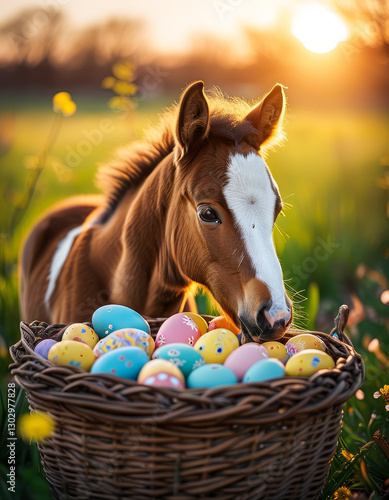 Easter celebration animal, cute easter horse in an easter basket full of colorful easter eggs, sunny spring time holiday, spring flower meadow, golden hour, easter nest