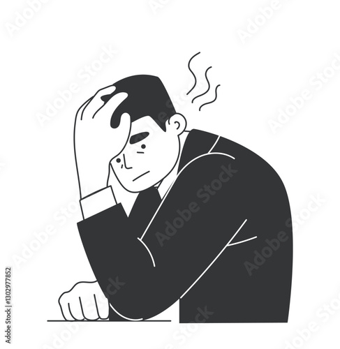 Extreme emotion expression. Sad and upset male office employee overloaded with paperwork and deadlines. Tired worker with depression. Outline flat vector illustration isolated on background