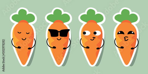 Carrot emoji characters with emotions, flat cartoon vegetable sticker set, food illustration on green background