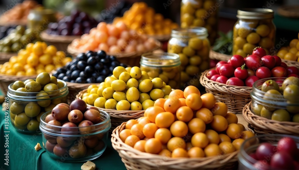 Colorful selection of olives in jars and baskets at an outdoor market, food, stall Colorful selection of olives in jars and baskets at an outdoor market, food, stall