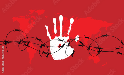 Hand Trace with World Map Human Trafficking. Labor and work employment crime, illegal activity vector art