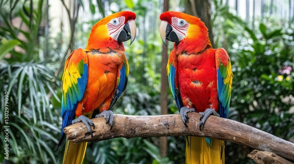 Obraz premium Two Scarlet Macaws Perched on Branch with Vibrant Plumage in Jungle Setting