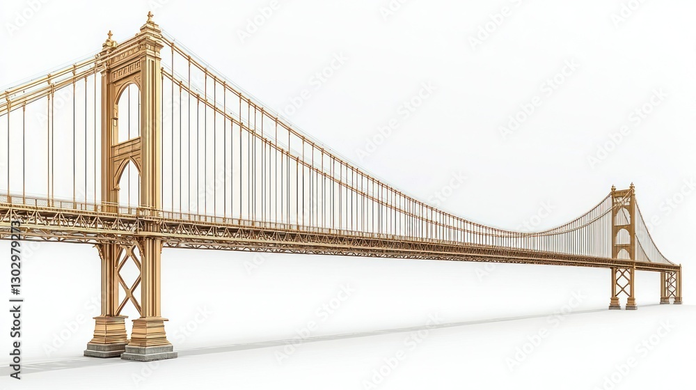 Fototapeta premium Golden Suspension Bridge Isolated on White Background