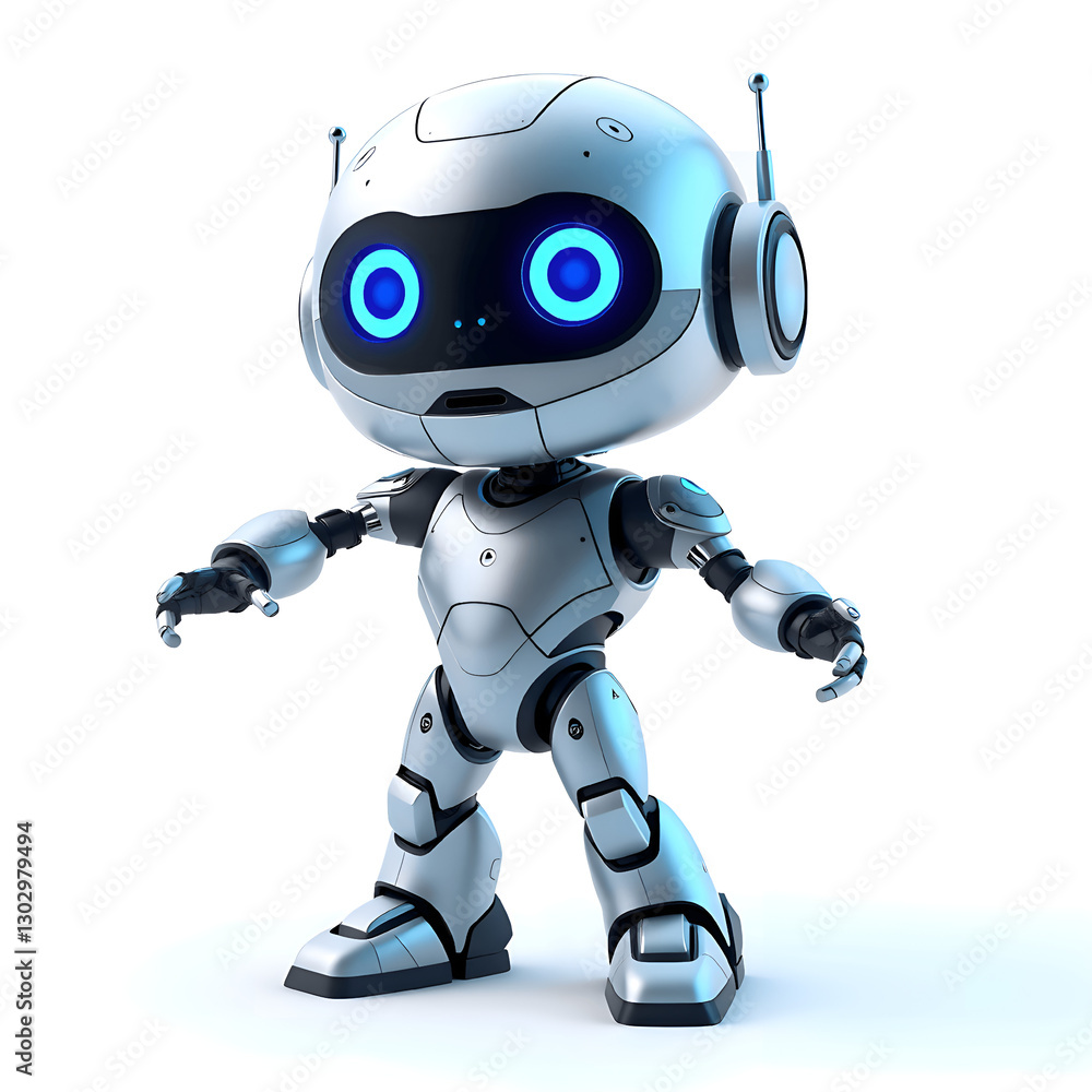 Futuristic Humanoid Robot with Blue Glowing Eyes in Action Pose Futuristic Humanoid Robot with Blue Glowing Eyes in Action Pose