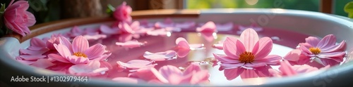 Spa bath filled with fresh flowers, pink petals floating in water, tranquility, spa, aromatherapy
