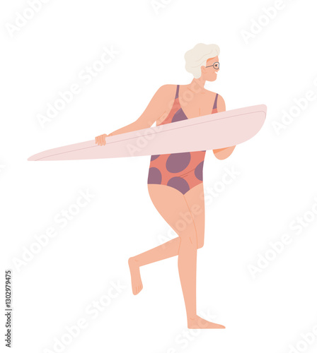 Happy elderly person doing sports. Smiling retired grandmother in swimsuit holding surfboard and surfing. Senior woman leads active lifestyle. Flat vector illustration isolated on background