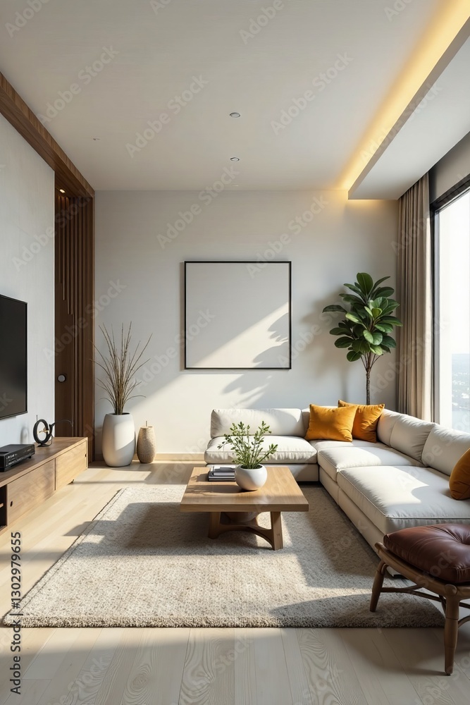 Fototapeta premium Spacious living room with neutral color palette, sleek furniture, interior, modern, elegant