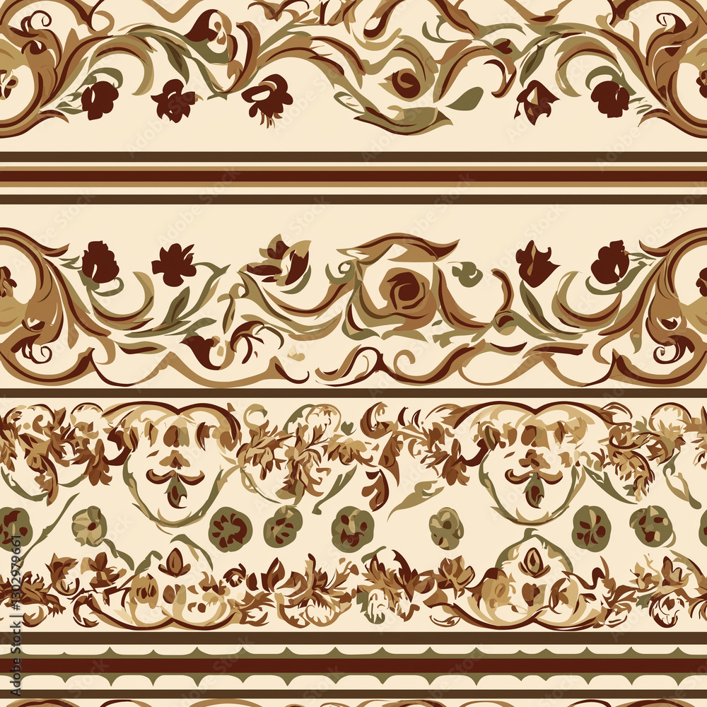 Fototapeta premium A decorative border with an elegant pattern of wavy lines and floral motifs in traditional Egyptian colors, and cream on a white background