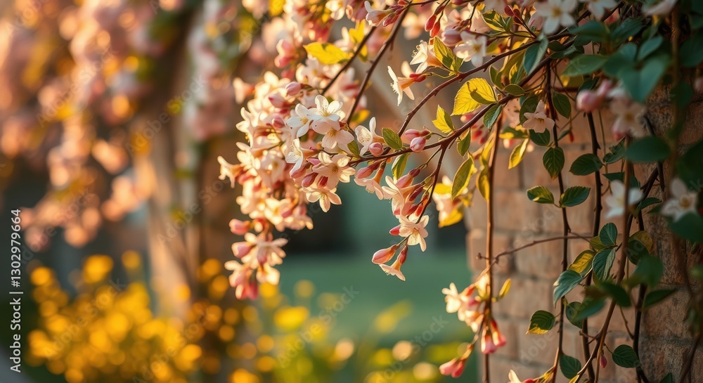 Floral cascade with gentle sunlight. A serene scene of delicate blossoms in a golden hour glow. Floral cascade with gentle sunlight. A serene scene of delicate blossoms in a golden hour glow.