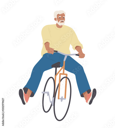 Happy elderly person doing sports. Smiling retired grandfather riding bicycle. Senior man leads active and healthy lifestyle. Flat vector illustration isolated on background