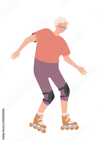 Happy elderly person doing sports. Smiling retired grandmother rollerblading in protective knee pads. Senior woman leads active lifestyle. Flat vector illustration isolated on background