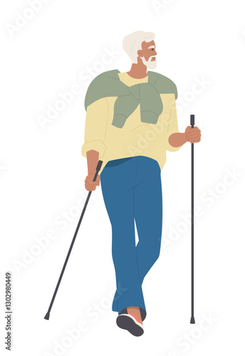Happy elderly person doing sports. Smiling retired grandfather holds sticks and practices Nordic walking. Senior man leads active lifestyle. Flat vector illustration isolated on background