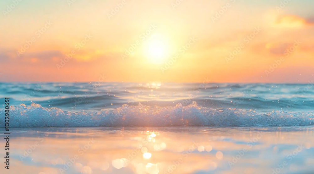 Ethereal seascape showcasing gentle waves and a dreamy sunset sky, perfect for summer vacation promotions, relaxation retreats, or coastal-themed designs. Ethereal seascape showcasing gentle waves and a dreamy sunset sky, perfect for summer vacation promotions, relaxation retreats, or coastal-themed designs.