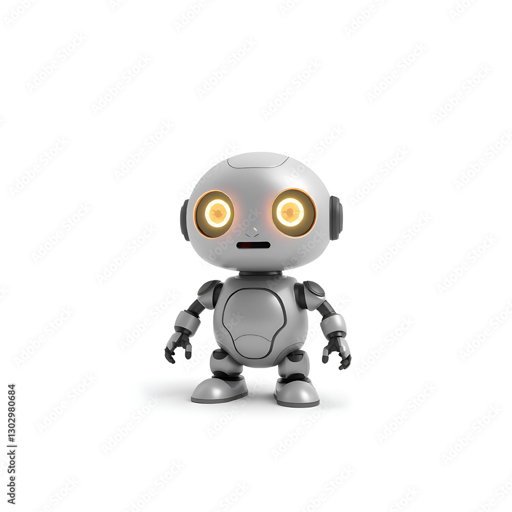 Cute Futuristic Robot with Glowing Yellow Eyes on White Background Cute Futuristic Robot with Glowing Yellow Eyes on White Background