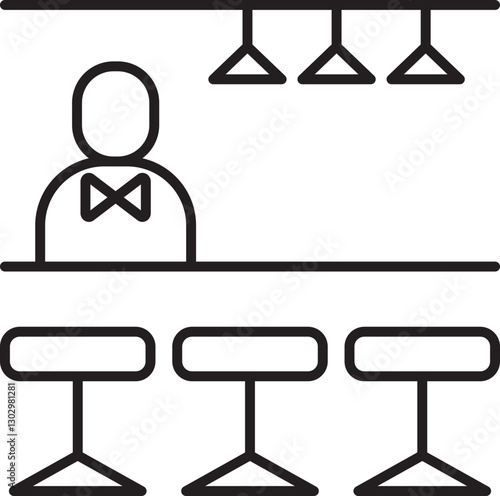 Bar with bartender and stools illustration line icon