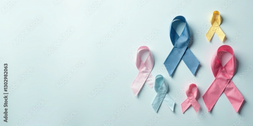 Awareness ribbons arranged on a light blue background, symbolizing support and solidarity for various causes. Awareness ribbons arranged on a light blue background, symbolizing support and solidarity for various causes.