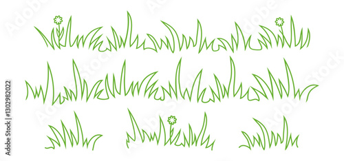 Grass linear icon, meadow and flower doodle outline design, bush tuft, small lawn, green sketch plant isolated on white background. Thicket hand drawn border. Floral scribble set. Vector illustration