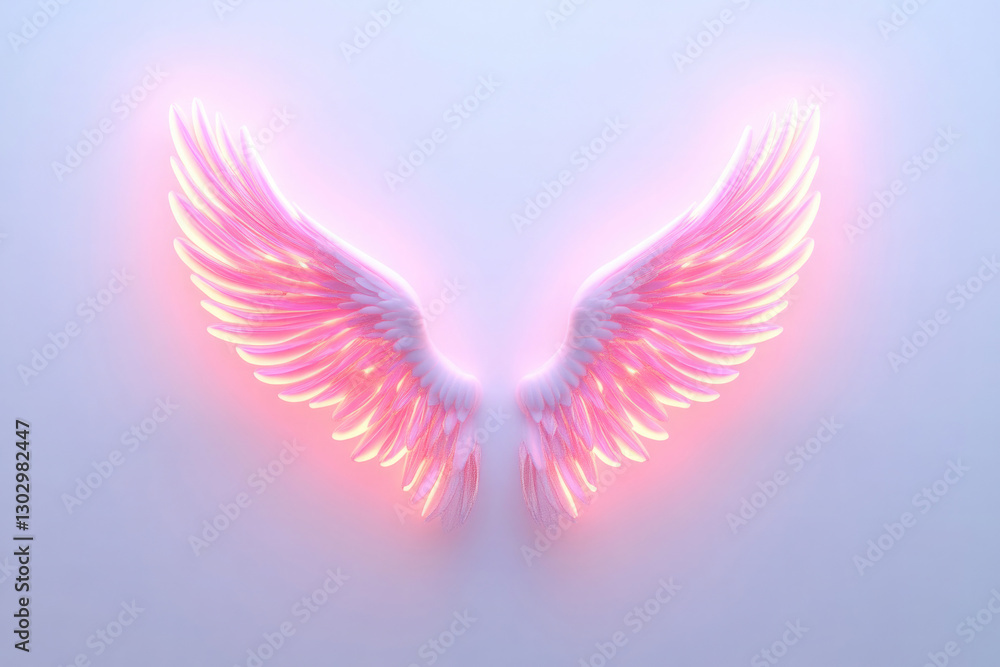 Obraz premium Decorative angel wings illuminated in soft pink light against a smooth pastel background