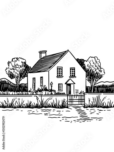Engraved illustration of a quaint house surrounded by trees in a tranquil rural setting