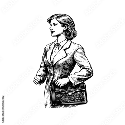 Professional woman in business attire carrying a briefcase walks confidently in a modern office environment