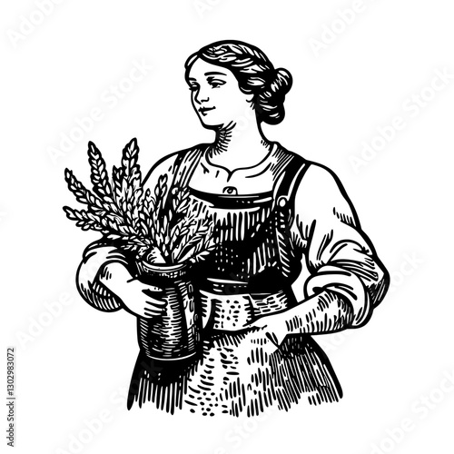 Engraved illustration of a woman holding a pot of wheat in traditional attire in a rural setting