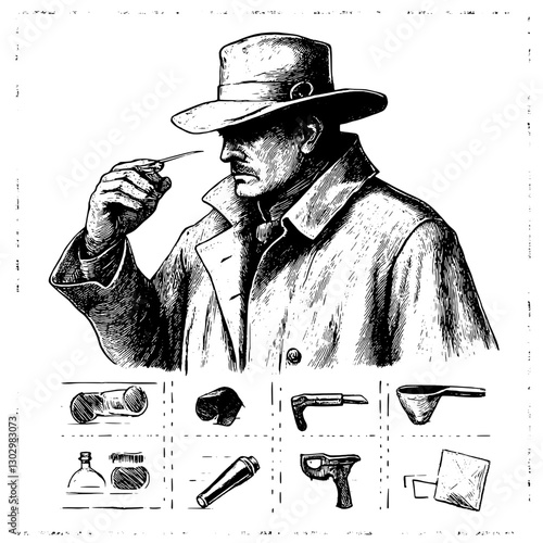 Detailed vector illustration of a detective analyzing evidence with various objects around him in an engraved style