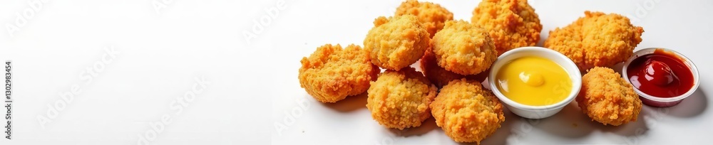 Crispy chicken nuggets with ketchup and mustard sauces on white background, condiment, crispy Crispy chicken nuggets with ketchup and mustard sauces on white background, condiment, crispy
