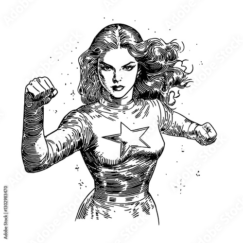 Engraved illustration of a heroic figure with a star emblem, showcasing strength and determination in an epic pose