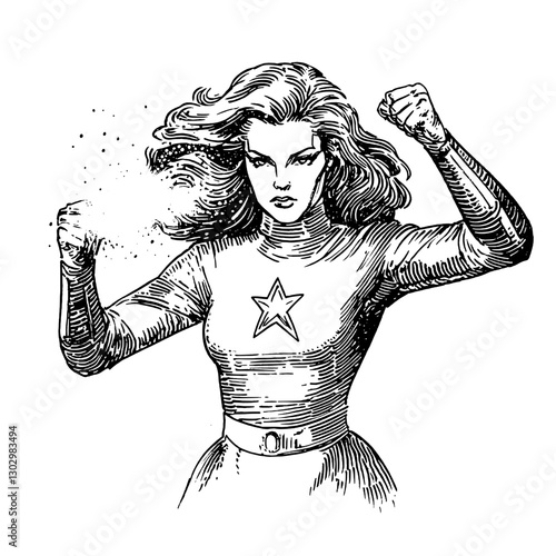 Engraved illustration of a strong female superhero with magical powers in a dynamic pose