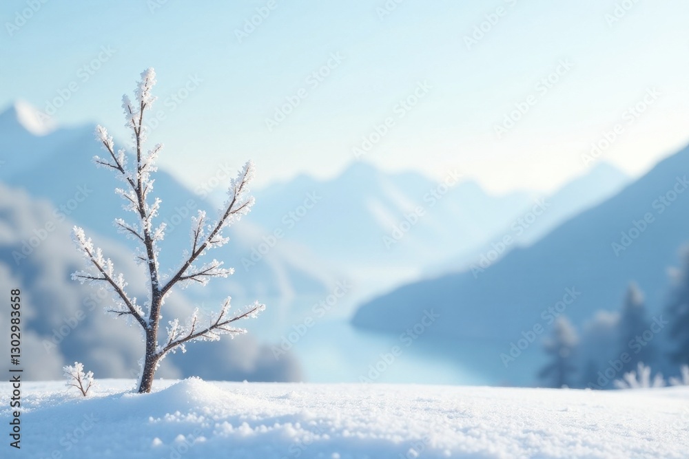 A solitary frost-covered branch emerges from pristine snow, a tranquil winter scene against a serene mountain backdrop A solitary frost-covered branch emerges from pristine snow, a tranquil winter scene against a serene mountain backdrop
