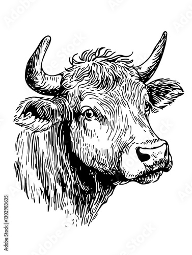 Detailed engraving of a cow head illustrating agricultural life and rural heritage